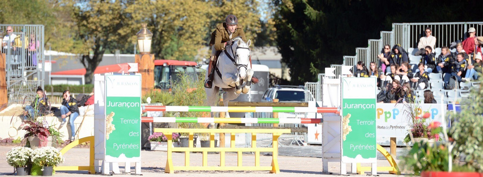 Paul Adams competing internationally on a grey horse